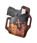 Brown Leather OWB Holster With Arc Panel showing dual tone leather body and belt slide slots

