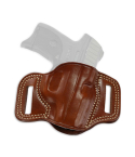 Brown Leather OWB Holster With Pancake Design side view showing close riding pancake profile and open top design
