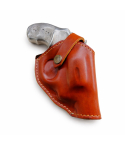 Brown Leather OWB Holster With Retention Strap – front angle view – molded leather holster with snap strap and exposed grip
