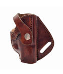 Brown Leather OWB Holster With Snap Strap – front angle view – molded leather holster with retention strap and belt slot