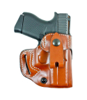 Brown Leather OWB IWB Holster front view with retention strap and molded body