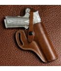 Brown Leather OWB Thumb Break Strap in smooth Standard Saddle Brown vegetable oiled leather with a one way safety snap attached to an outside the waistband holster.