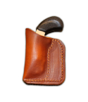 Brown Leather Pocket Holster – front angle view – molded leather pocket holster with small revolver grip exposed