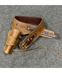 Brown Western Leather Revolver Holster Cartridge Belt – angled product view – brown leather holster, brass tone buckle, cartridge loops, and tie down strap