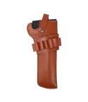 Brown leather revolver holster front view with snap strap and cartridge loops