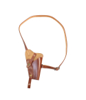 Brown leather shoulder holster laid flat showing strap and tie-down configuration