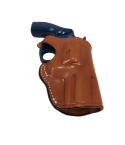 Brown leather snub nose revolver belt holster with retention strap molded design
