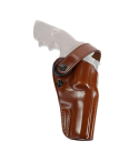 Brown leather strongside crossdraw belt holster with retention strap and full coverage design