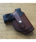 Brown Tooled Leather Thumb Break Holster with basketweave panel and snap retention strap
