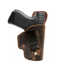Brown water buffalo leather IWB holster front view with belt clip and full sweat shield