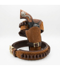 Brown Western Leather Revolver Holster Belt with Ammo Loops – front product view – revolver holster, rolled belt, buckle, and ammo loops