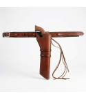 Brown Western Leather Scabbard Revolver Holster Belt with Cartridge Loops – white background product view – brown leather scabbard holster, belt, buckle, and tie down straps