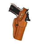 Brown Leather OWB Hunting Holster With Optic Cut front view showing molded leather body and thumb break retention strap.