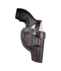 Brown Leather OWB Hunting Holster With Thumb Break front angle view with molded leather body