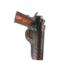 Brown Leather Field Holster With Thumb Break side view showing molded leather profile and secured carry position