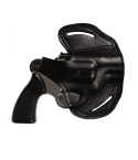 Black leather short barrel OWB revolver holster front angle view with belt slots