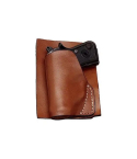 Brown leather pocket holster front view showing molded profile for compact pocket carry