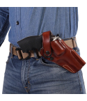 Burgundy leather strongside belt holster worn on waist showing secure open carry position