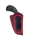 Burgundy Leather OWB Clip Holster front view with black metal clip and contrast stitching
