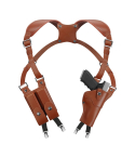 Chestnut brown vertical shoulder holster showing adjustable harness, vertical pistol holster, and double magazine pouch