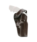 Dark brown leather strongside belt holster with retention strap and molded fit