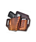 Distressed leather OWB holster with mag pouch front view showing forward cant profile
