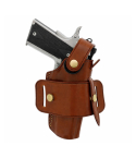 Brown leather belt holster front view with retention strap
