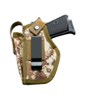 Green Camouflage Nylon IWB OWB Holster With Mag Pouch front view with metal clip and retention strap