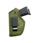 Green Nylon Universal IWB OWB Holster front view with metal clip and retention strap