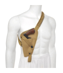 Khaki Canvas Shoulder Holster With Revolver On Mannequin Front View