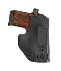 Leather IWB holster shown in black with tuckable clip front view