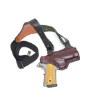 Leather Shoulder Holster Express multicolor leather shoulder rig with black center piece and dark brown holster body