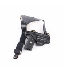 Leather Shoulder Holster With Thumb Break – multicolor leather shoulder rig with black harness and black molded holster body