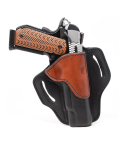 Leather hunting belt holster with two tone black and brown leather showing molded OWB design and belt slots
