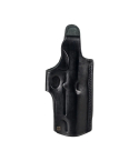 Black leather multi position belt holster with thumb break retention on white background.