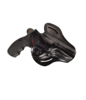 Black leather OWB thumb break revolver holster angled front view