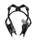 Polished black vertical shoulder holster showing adjustable harness, vertical pistol holster, and double magazine pouch