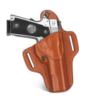 Premium Leather OWB Belt Holster for Full Size Pistol front view showing molded leather body and open top carry design.