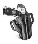 Premium Leather OWB Belt Holster With Sweat Guard front view showing molded leather body and open top carry design