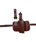 Rear view of leather drop-leg thigh holster showing strap configuration and attachment points