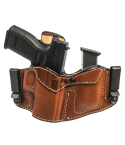 Brown Leather Dual Carry Holster With Mag Pouch showing molded cowhide construction and open top carry design.