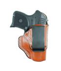 Tan leather IWB holster with reinforced top and steel belt clip front view