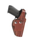Brown Leather IWB Holster With Thumb Break front view showing retention strap and snap belt loop