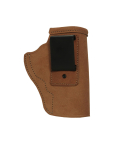 Tan Leather IWB Holster With Neutral Cant front view showing belt clip and smooth leather body