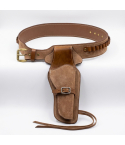 Tan Western Leather Revolver Holster Belt with Ammo Loops – front product view – single holster, belt buckle, and leather thigh tie