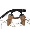 Tan Western Leather Double Revolver Holster Belt with Ammo Loops – angled product view – dual holsters attached to wide Western belt