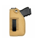 Tan Nylon Hunting Holster front view with black belt clip and snap retention strap