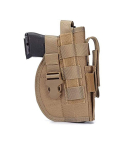 Tan Nylon MOLLE Hunting Holster front view with right hand draw profile and side accessory pouch