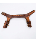 Two Tone Brown Western Leather Double Revolver Holster Belt – white background product view – dual holsters, cartridge loops, and belt buckle