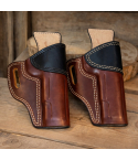 Two Tone Leather Avenger Belt Holster pair showing molded leather body and reinforced stitching
